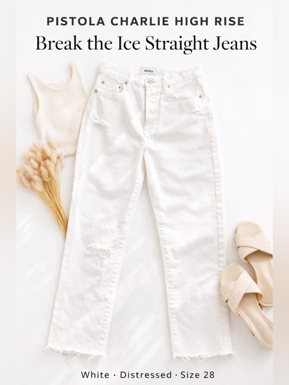 Pistola Charlie High Rise Straight Jeans Break the Ice White Distressed Size 28